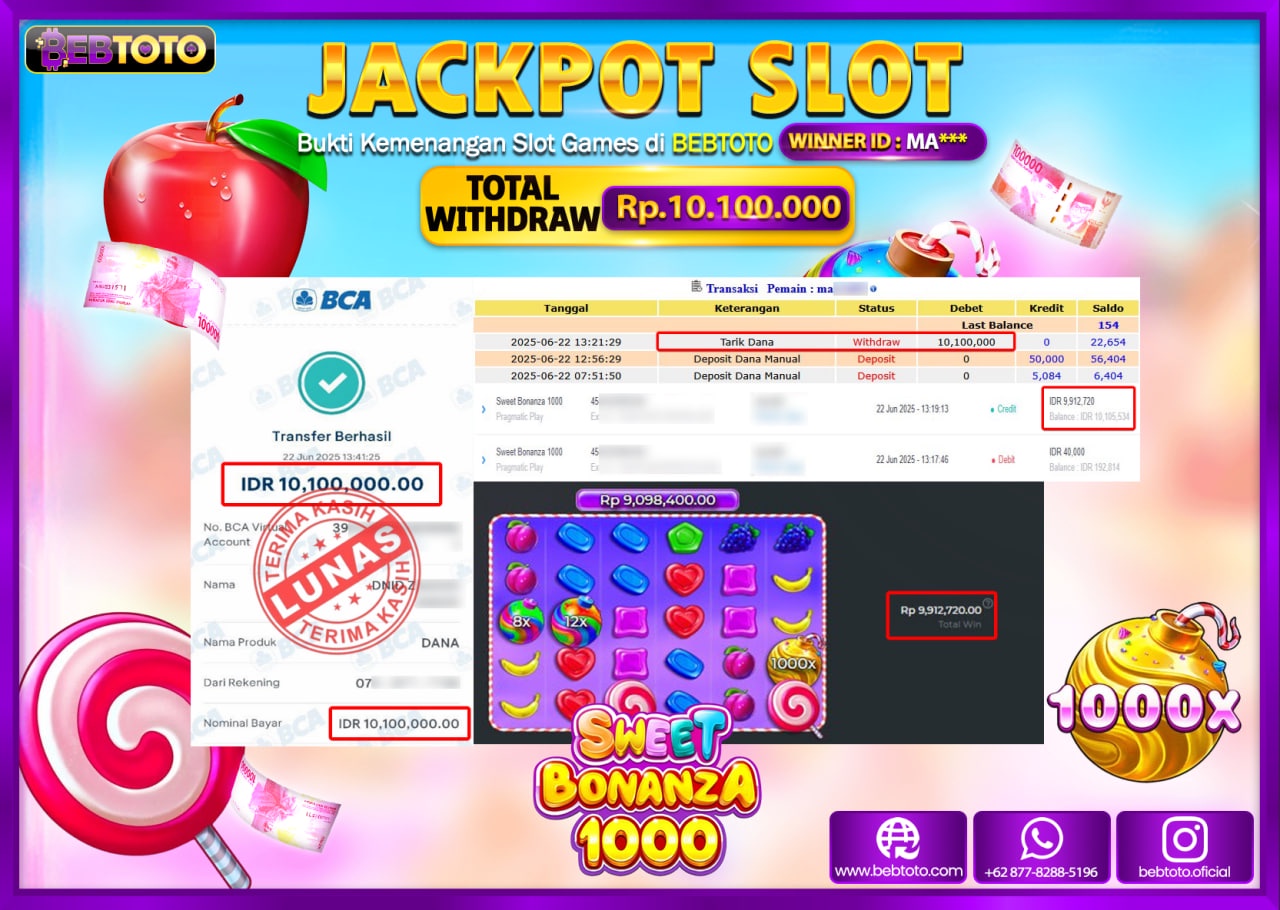 BEBTOTO Jackpot Sweet Bonanza1000 Rp.10.100.000,- Lunas