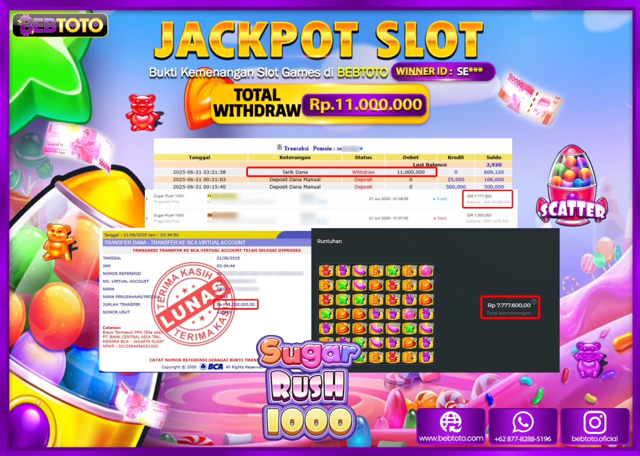 BEBTOTO Jackpot Sugar Rush 1000 Rp.11.000.000,- Lunas