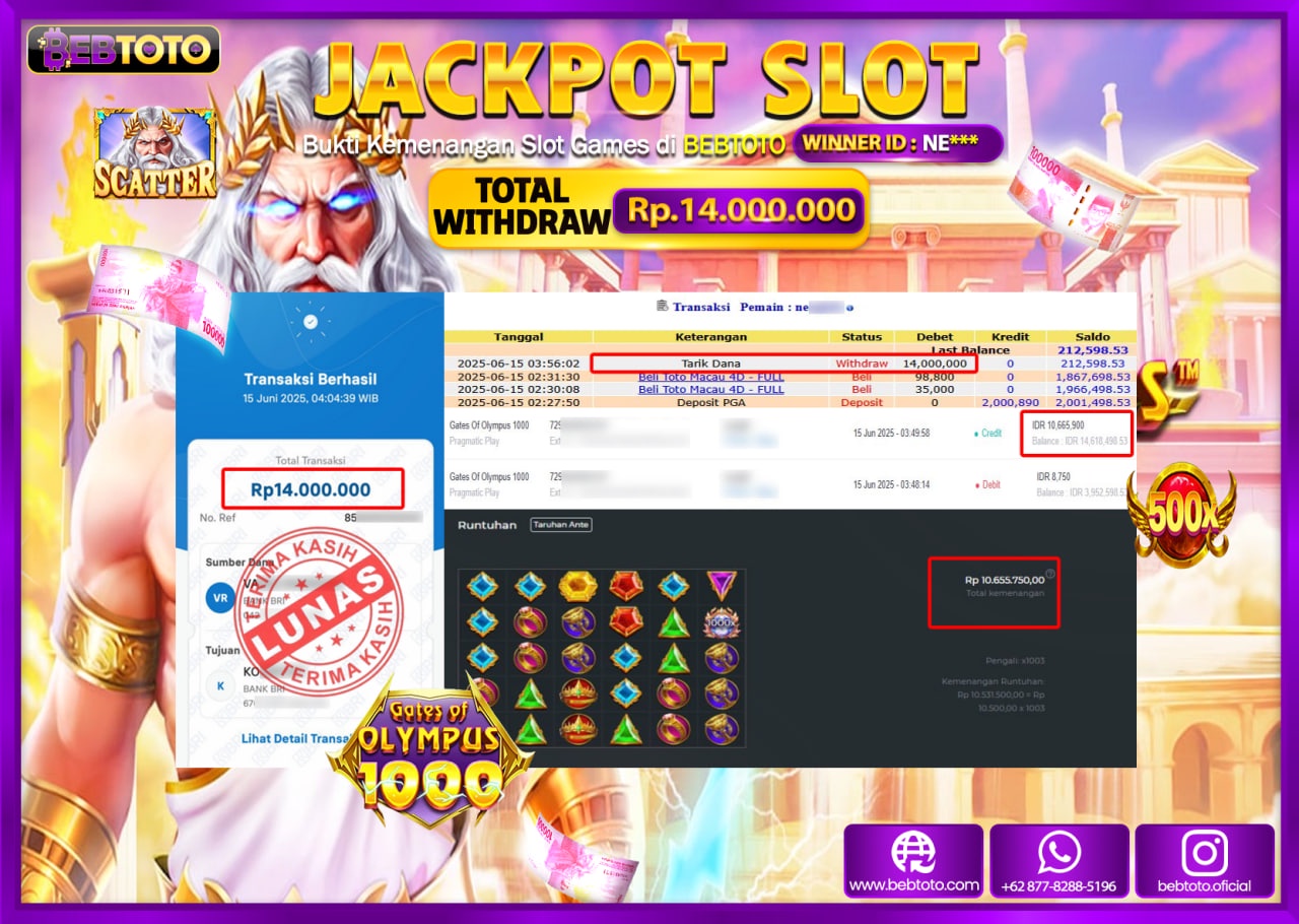 BEBTOTO JACKPOT GATES OF OLYMPUS 1000 Rp.14.000.000,- LUNAS