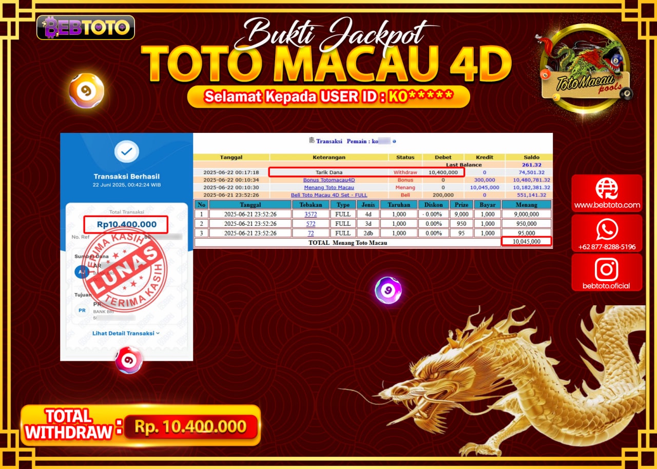 Jackpot Togel BEBTOTO Toto Macau 4D Rp.10.400.000'- Lunas