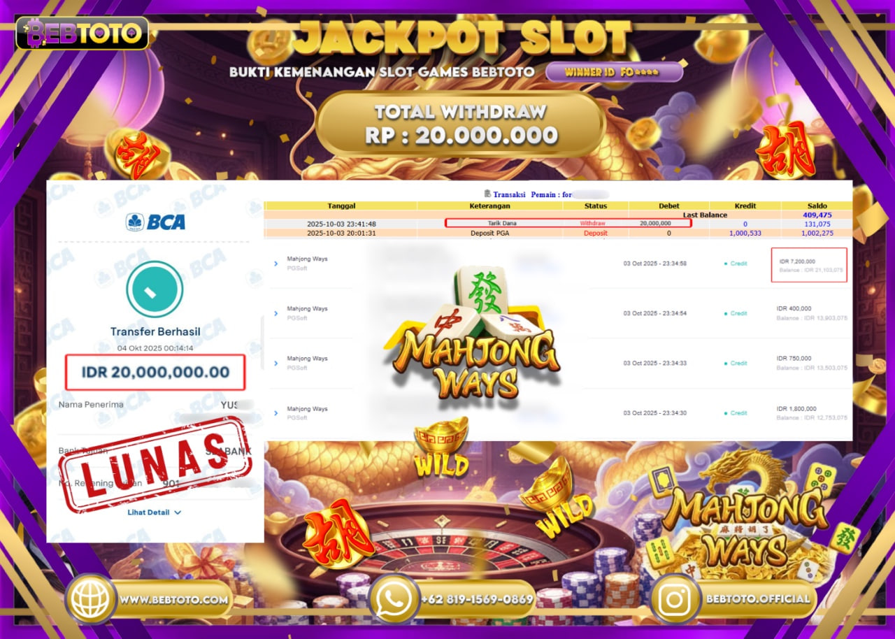 BEBTOTO Jackpot Mahjong Ways Rp.20.000.000 Dibayar Lunas! 