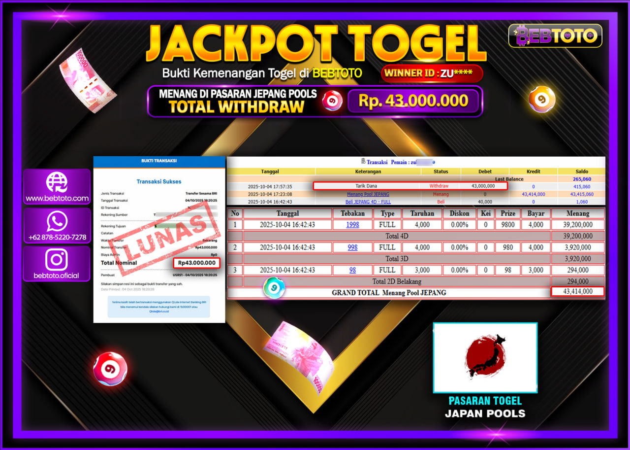 JACKPOT TOGEL BEBTOTO JEPANG POOLS Rp.43.000.000.,- LUNAS