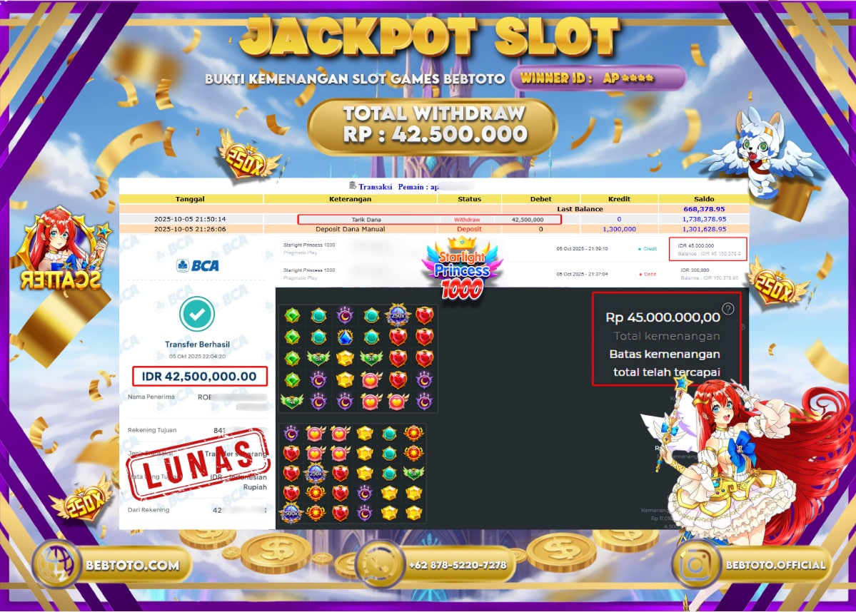 JACKPOT SLOT BEBTOTO STARLIGHT PRINCESS 1000 Rp.42.550.000.,- LUNAS