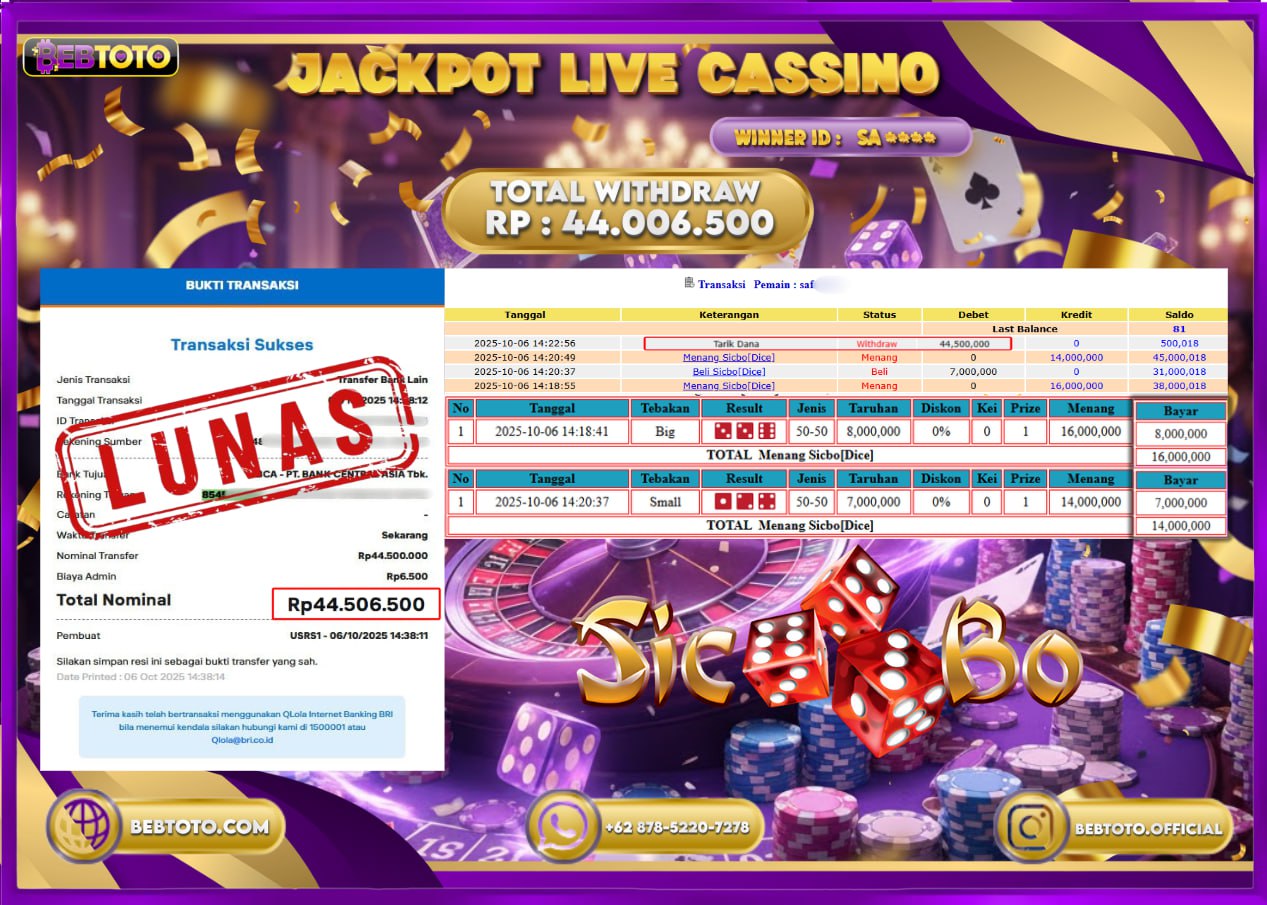 BEBTOTO Jackpot Live Casino Sicbo Rp44.506.500 Cair Lunas