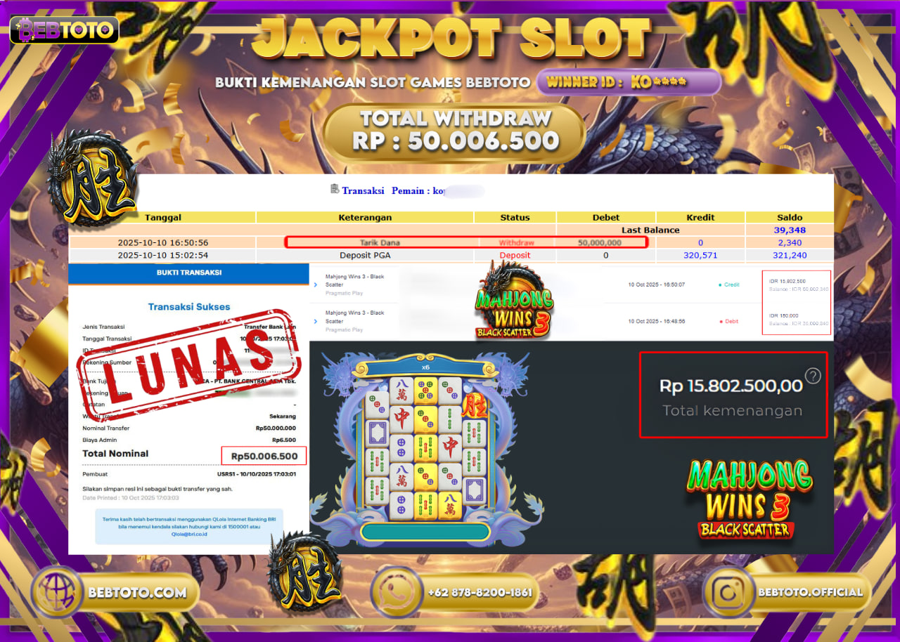 BEBTOTO Jackpot Mahjong Wins 3 Rp.50.006.500 Dibayar Lunas! 