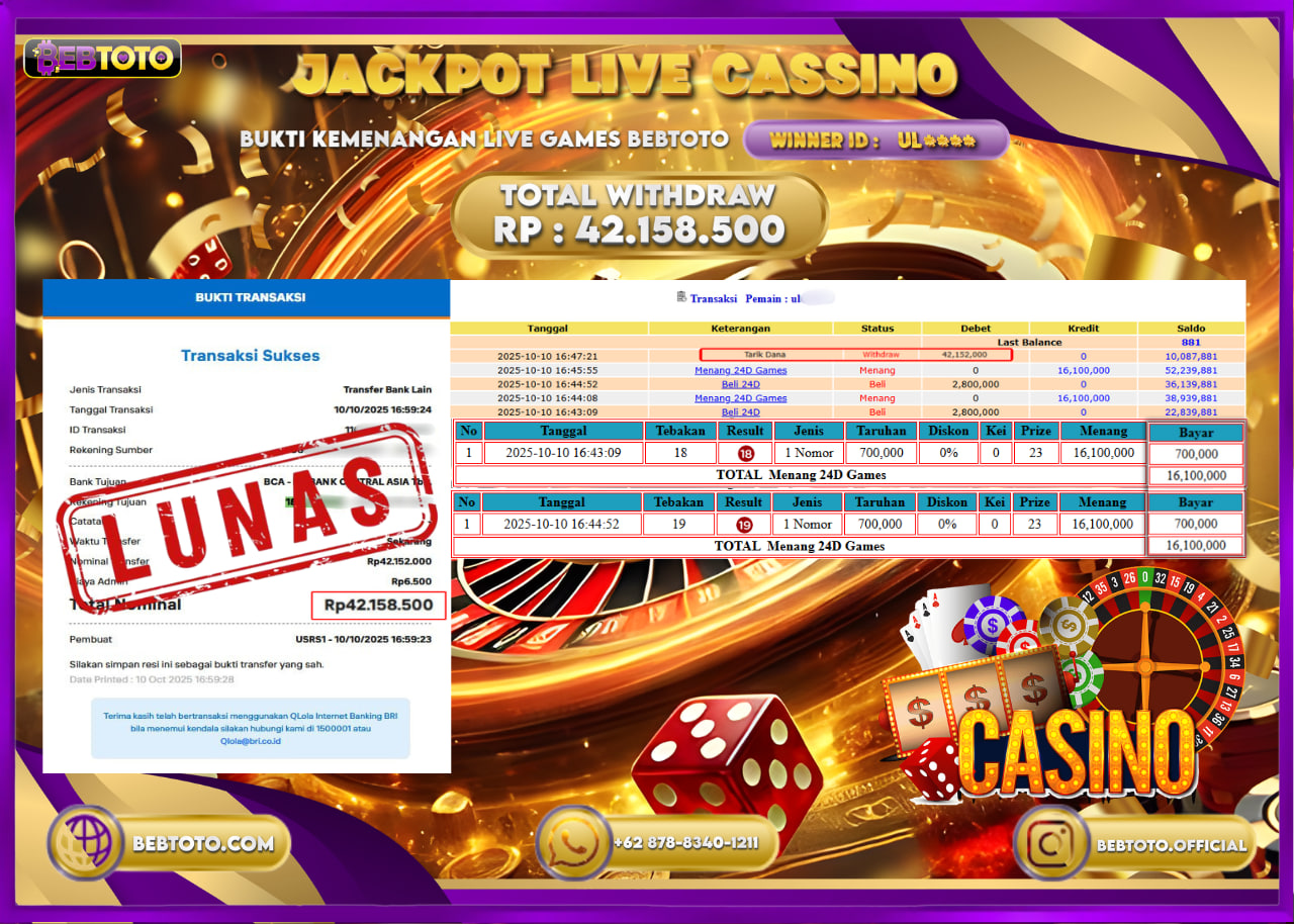BEBTOTO Jackpot Live Casino 24D Games Rp42.158.500 Cair Lunas