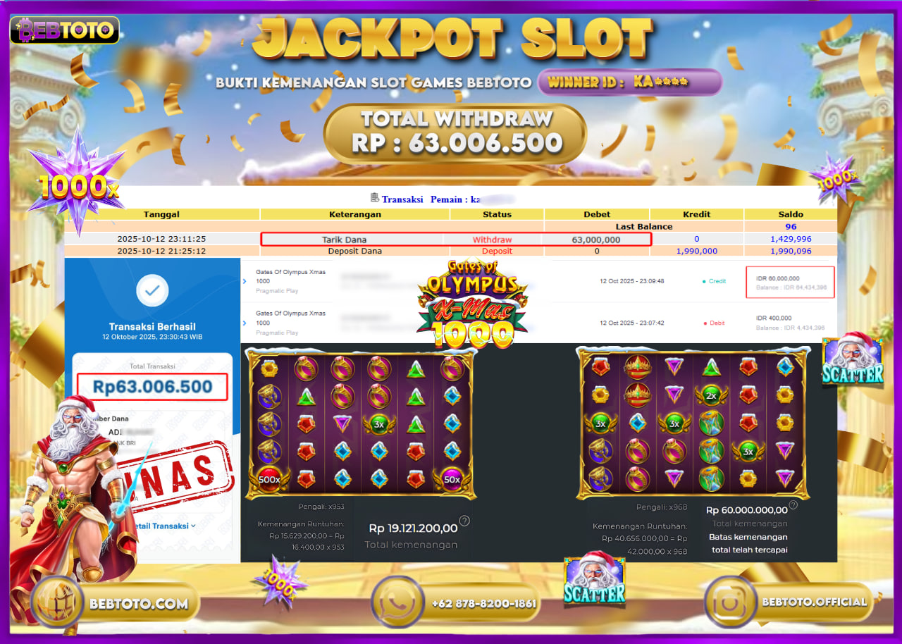 JACKPOT SLOT BEBTOTO GATES OF OLYMPUS X-MAS 1000 Rp.63.006.500.,- LUNAS