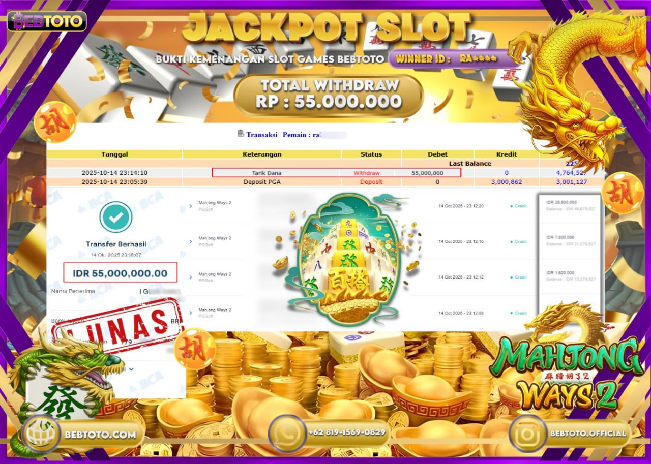 BEBTOTO Jackpot Mahjong Ways 2 Rp.55.000.000 Dibayar Lunas! 