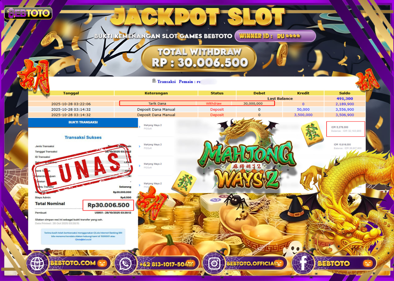 BEBTOTO Jackpot Mahjong Ways 2 Rp.30.006.500 Dibayar Lunas! 