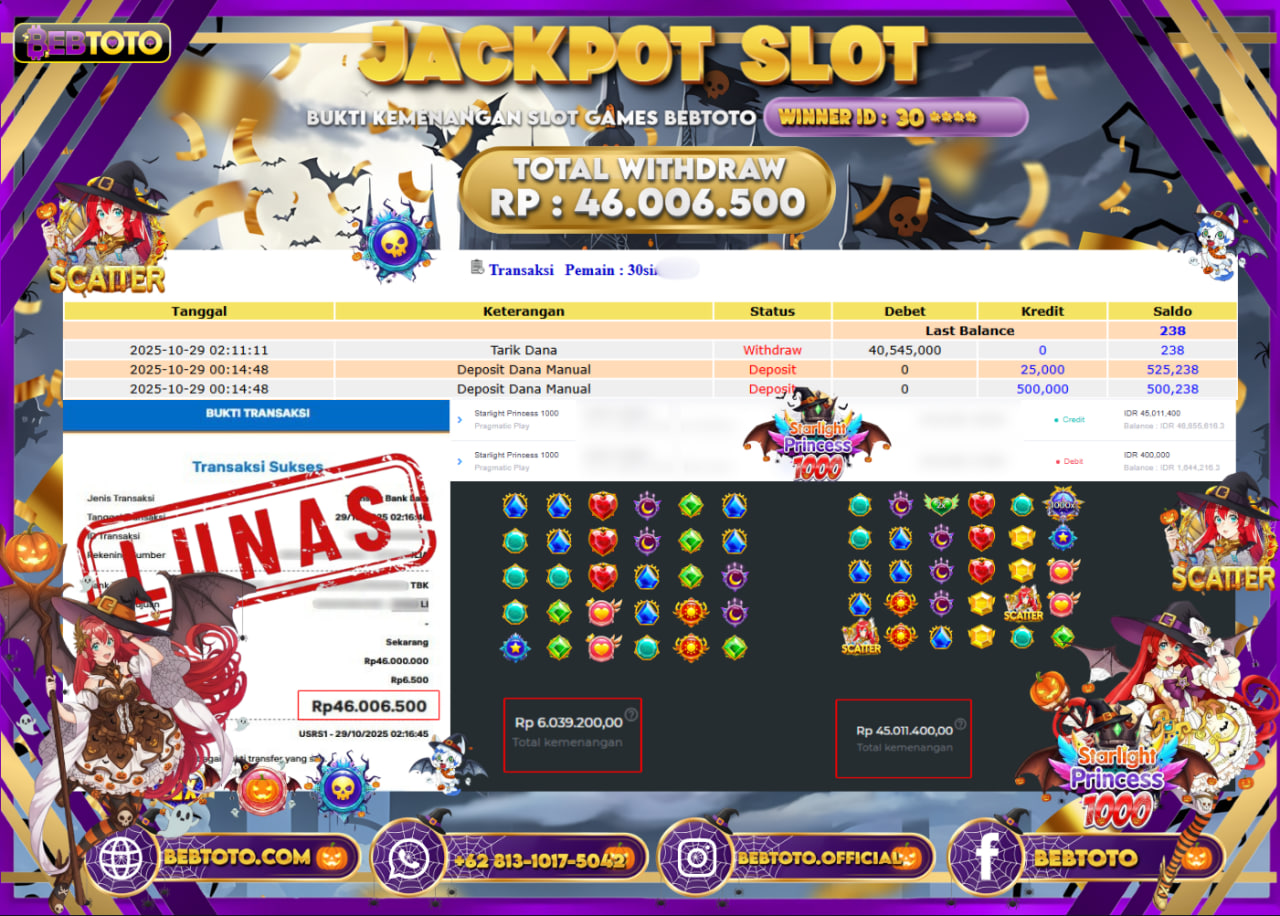 BEBTOTO Jackpot Slot Starlight Princess 1000 Rp.46.006.500 Dibayar Lunas! 