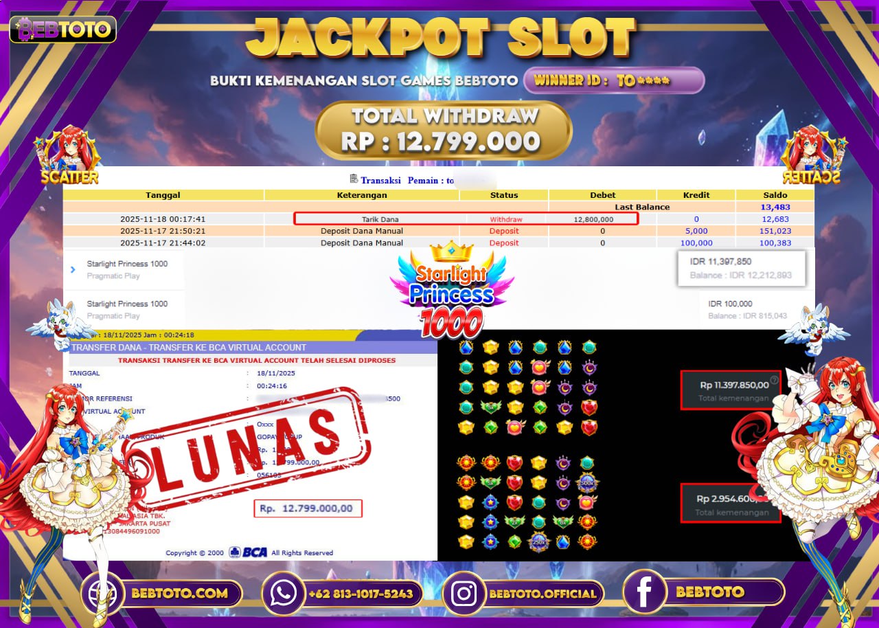 JACKPOT SLOT BEBTOTO STARLIGHT PRINCESS 1000 Rp.12.799.000.,- LUNAS