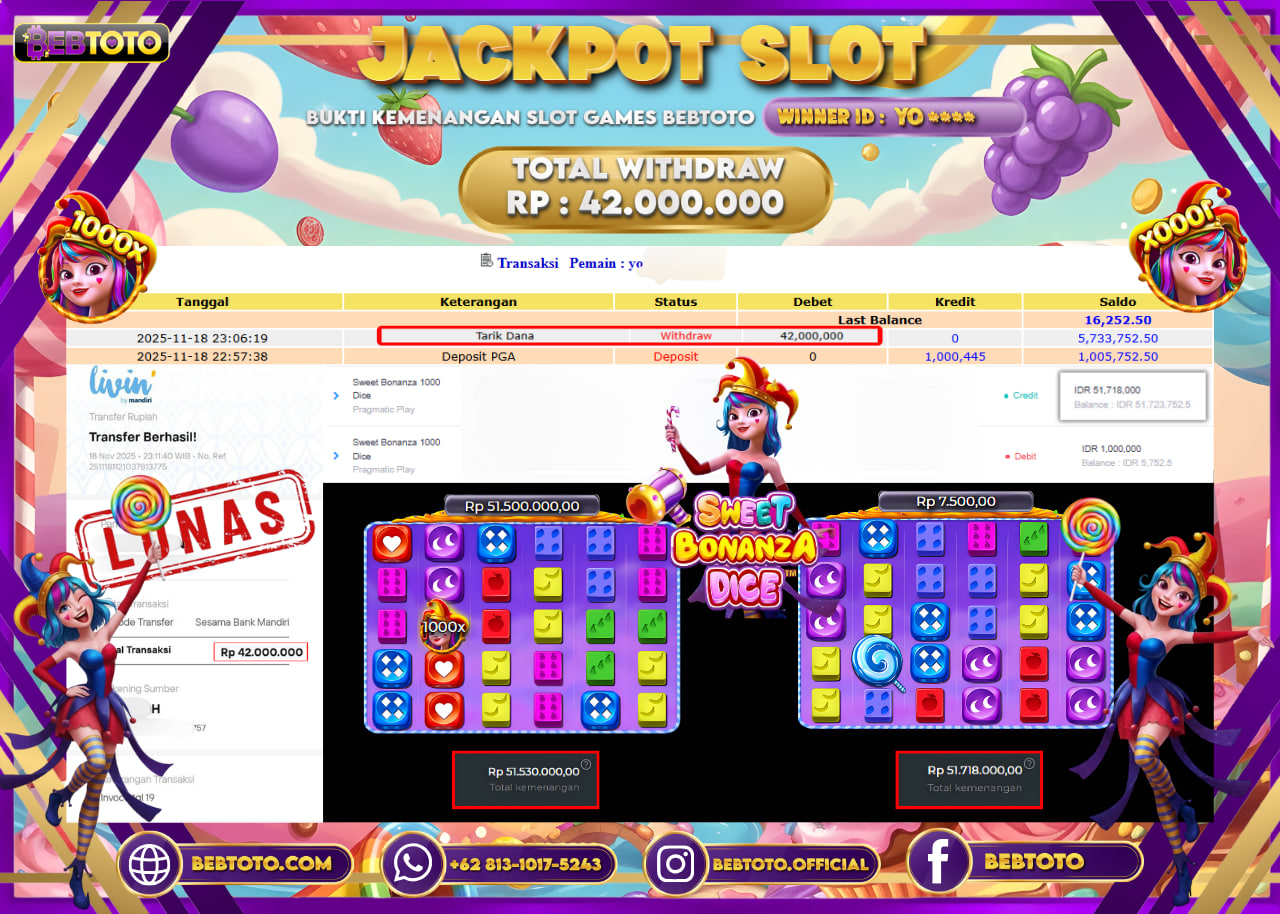 JACKPOT SLOT BEBTOTO SWEET BONANZA 1000 DICE Rp.42.000.000.,- LUNAS