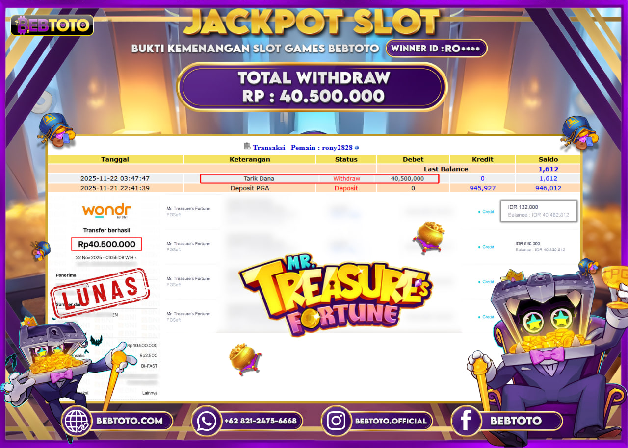 BEBTOTO Jackpot Mr Treasures Fortune Rp10.000.000 Lunas