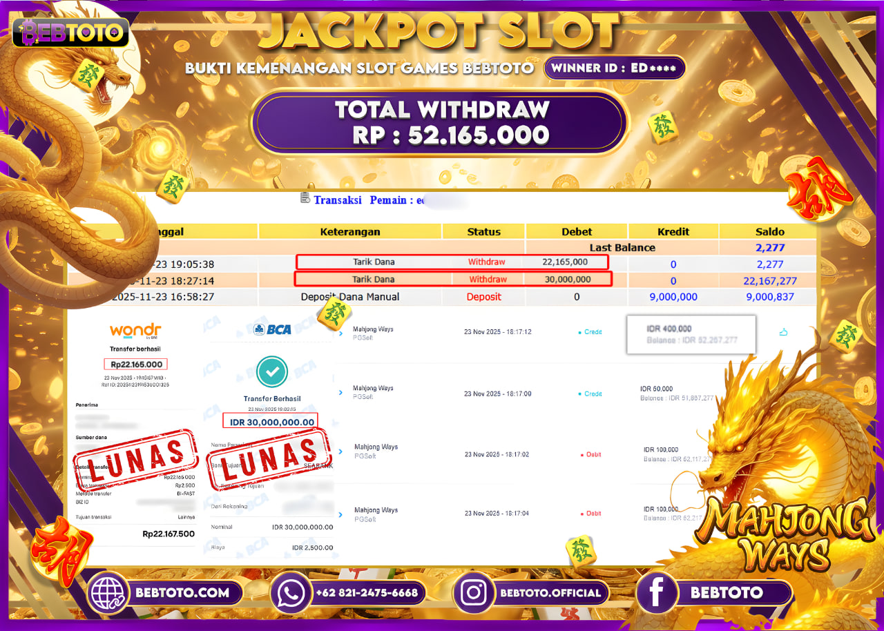 BEBTOTO Jackpot Mahjong Ways Rp52.165.000 Lunas