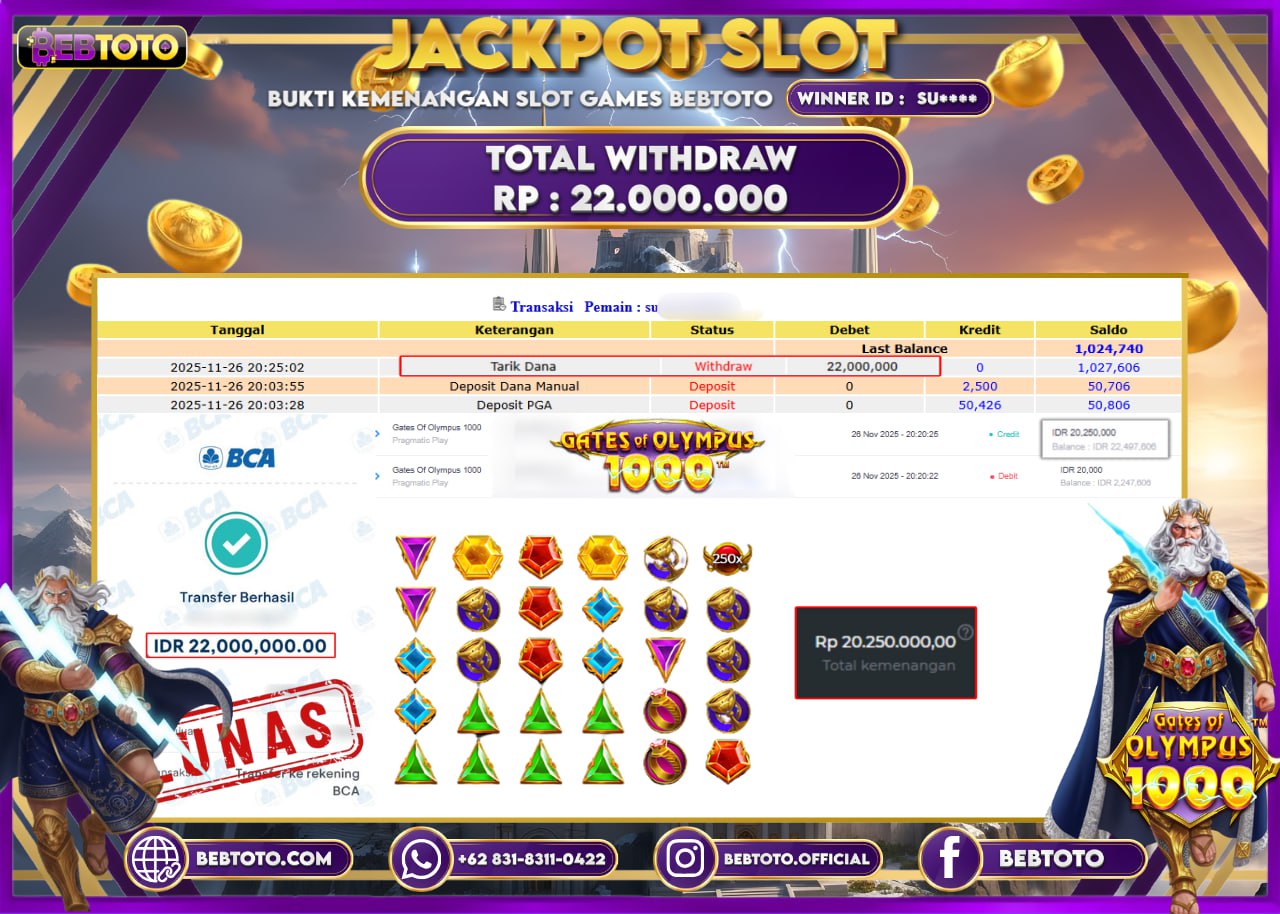 BEBTOTO Jackpot Gates Of Olympus 1000 Rp22.000.000 Lunas