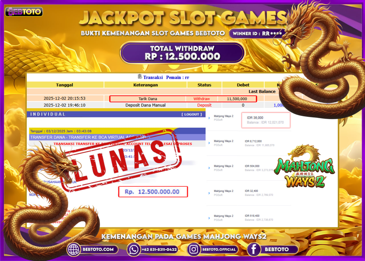 BEBTOTO Jackpot Mahjong Ways 2 Rp.12.500.000 Dibayar Lunas!